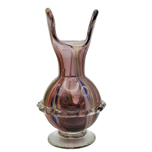 Art Glass Vase Hand Blown Applied Ruffled Edge Lead Crystal Mottled Multicolor - Picture 6 of 10